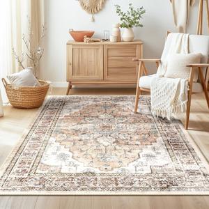 BESTSWEETIE 4x6 Area Rug Washable Rugs for Living Room, No Pile Boho Carpet for Entryway Bedroom Dinning Room, Vintage Carpet Print Distressed Non-Slip, 4 x 6 ft, Orange Pink Brown Earth Tones