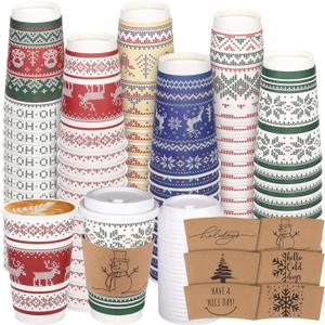 100 Set Christmas Paper Coffee Cups 16 Oz Double-Layer Ugly Christmas Sweater Paper Cups with Lids Cup Sleeves Disposable Winter Cups for Cold Hot Beverages Xmas Party Supplies, 6 Designs