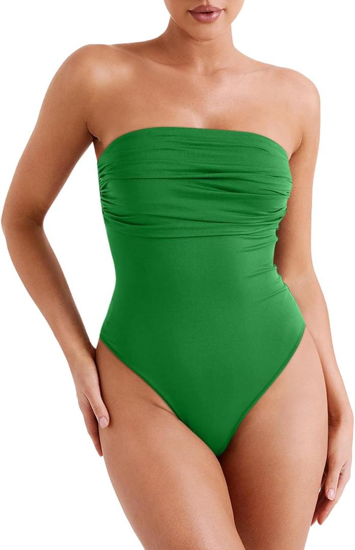 REORIA Women's Sexy Strapless Ruched Bodysuit Tube Top Sleeveless Trendy Body Suits (Large, Kelly Green)