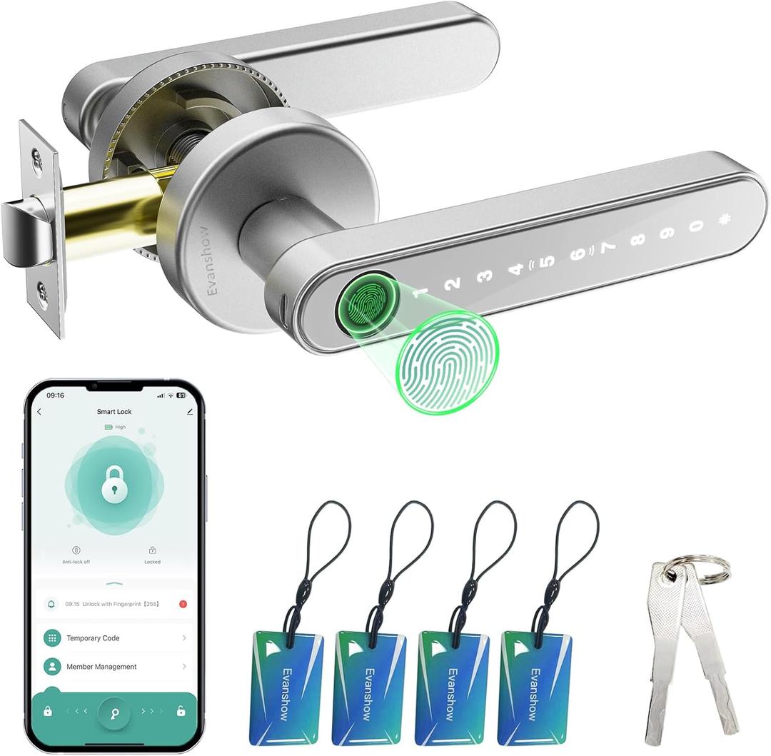 Smart Door Lock with Knob, Keyless Entry Door Locks with Handle, Fingerprint Door Knob for Bedroom/Front Door/Apartment, Generate Passcode Remotely Silver