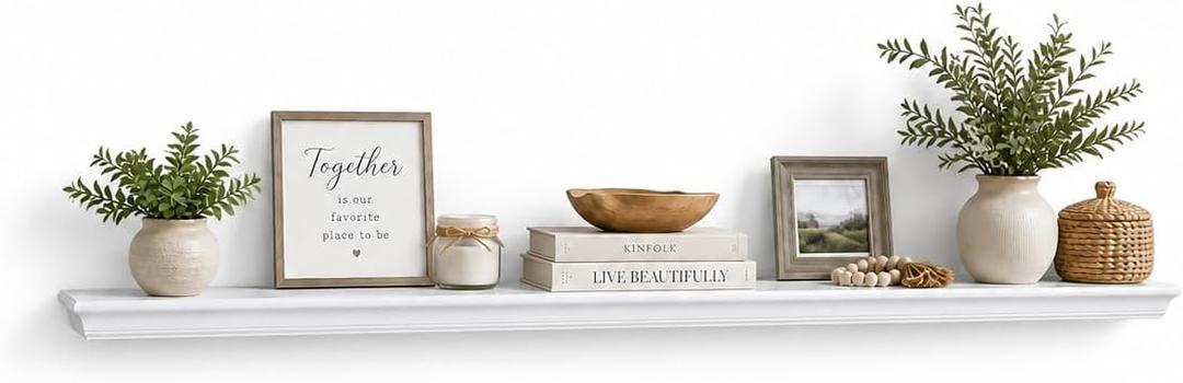 Solid Wood White Floating Shelves Wall Mounted, Molding Floating Wall Display Shelf, 60 inch, 60 inches x 5.25 inches x 2.95 inches