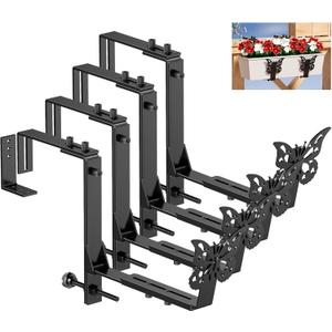 4 Pack Window Box Brackets, Adjustable Planter Box Brackets, Universal Flower Box Bracket for Deck Railing, Heavy Duty Railing Planter Bracket for Balcony, Fence and Garden - Black