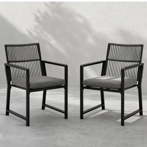 Outdoor Patio Wicker Rattan Dining Chairs, Heavy-Duty Wrought Iron Frame Supports 400lbs, Ergonomic Backrest, Detachable Breathable Cushion, for Garden & Porch, Black, Set of 2
