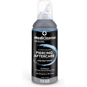 Sterile Saline Piercing Aftercare Fine Mist Spray, 7.5 Ounce, All Natural, No Alcohol, Vegan Friendly, for Piercings and Tattoos, Made in USA Sterile Saline Piercing Aftercare Fine Mist Spray, 7.5 Ounce, All Natural, No Alcohol, Vegan Friendly, for Piercings and Tattoos, Made in USA