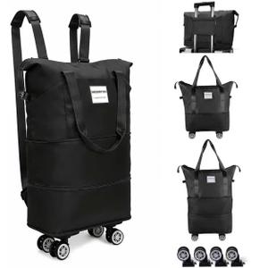 Expandable Rolling Duffle Bag - Large Carry-On With Spinner Wheels, Foldable Weekend Travel Bag, 28-58L CapacityBackpack-Black
