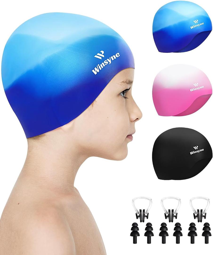 3 Pack Kids Swim Cap for Boys Girls, Unisex Silicone Swimming Caps for 3-15 Toddler Children Teen, Waterproof Bathing Caps for Short/Long Hair to Keep Hair Dry