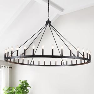 Black Extra Large Wagon Wheel Chandelier, 60 inch 36 Lights Farmhouse Chandelier, Industrial Candle Round Pendant Light Fixture for High Ceiling Living Room Dining Room Outdoor Porch Entryway Hallway