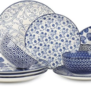 Selamica Ceramic Dinnerware Sets, 12Pieces Plates and Bowls Sets, Scratch Resistant Dishes set for 4, Dishwasher & Microwave Safe,Vintage Blue