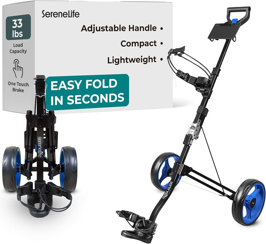 SereneLife Golf Push Pull Cart Lightweight, Foldable, Bag Holder with Adjustable Handle, Caddy Accessories, Compact Folding Golf Trolley for Travel, 2 Wheel, 22.8"
