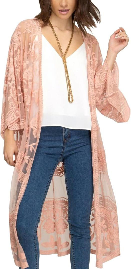 FaroDor Women Flowy Bathing Suit Kimono Cardigan Lace Crochet Swimwear Beach Cover Ups, One Size