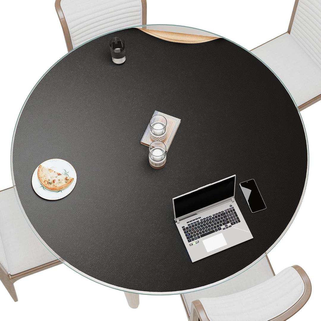 MAIDERN 48 Inch Round Cork & Leather Table Pad Protector, Cuttable Size (42-48 Inch), Trimmable Dining Table Mat, Heat Resistant/Non-Slip Table Cover for Kitchen, Office, or Restauran (Black)