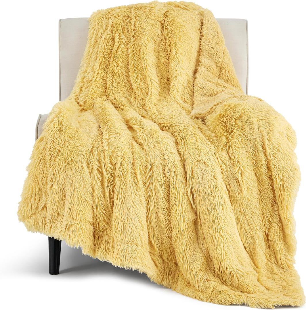 Bedsure GentleSoft Fuzzy Sherpa Faux Fur Twin Blanket Yellow Cozy Gifts for Women Men, Soft Fleece Plush Warm Thick Blanket Twin Size for Bed, Couch, Room Dorm Essentials Yellow Decor Gifts, 60x80 (16- Light Yellow)