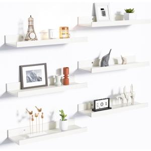 upsimples Floating Shelves for Wall, Wall Shelves for Decor Storage Set of 6, Wall Mounted Wood Shelf for Bedroom, Living Room, Bathroom, Kitchen, Picture Ledge Shelf, White, 15.7in