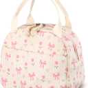 Dansydaisy Pink Flower and Bow Lunch Bag Cute Corduroy Insulated Lunch Box for Women Coquette Tote Bag Reusable Large Capacity Cooler Containers Preppy Stuff Gifts for Picnics Travel Outdoor