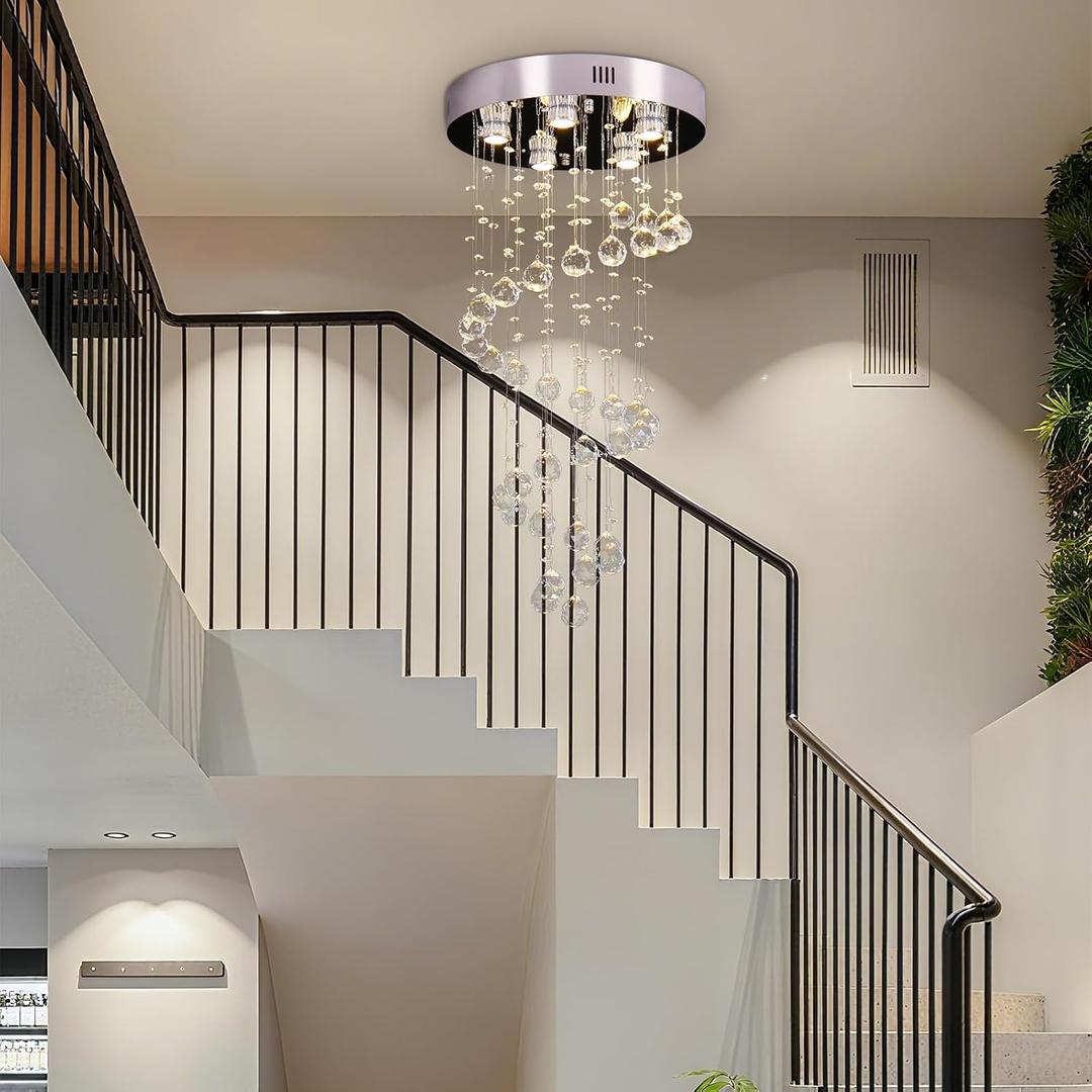 FRIXCHUR Spiral Crystal Chandelier Modern Raindrop Flush Mount Pendant Light for High Ceilings 5-Lights K9 Crystal Ball Chandeliers for Dining Room Kitchen Hallay D15.7 * H35.4