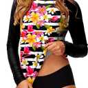 Deerose Women UPF 50+ Rash Guard Printed Swim Shirts Surf Swimwear Top (Small, Floral Black)