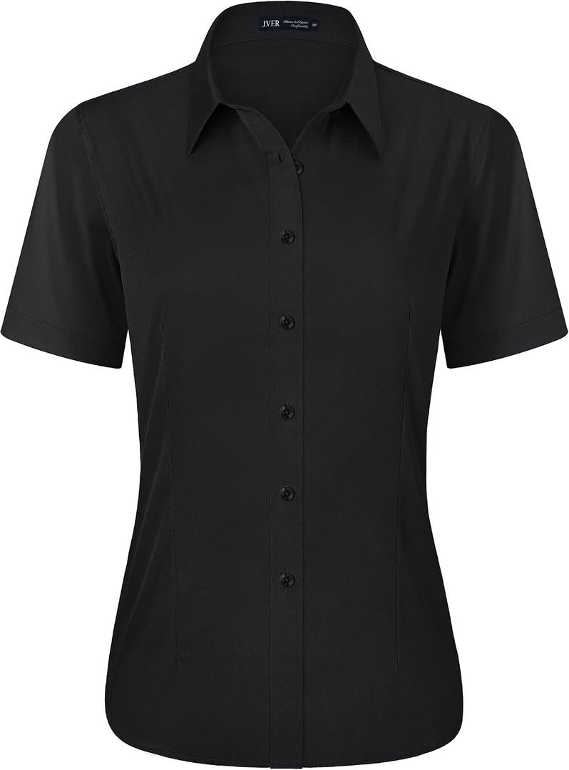 J.VER Womens Button Down Shirts Stretch Wrinkle Free Formal Short Sleeve Dress Shirt Summer Work Blouses Business Casual Tops (Black, XXXL)