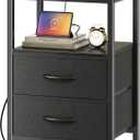 Huuger Nightstand with Charging Station, Side Table with 2 Fabric Drawers, End Table with Open Shelf, Bedside Table with USB-C Port and Outlets, Night Stand for Bedroom, Black