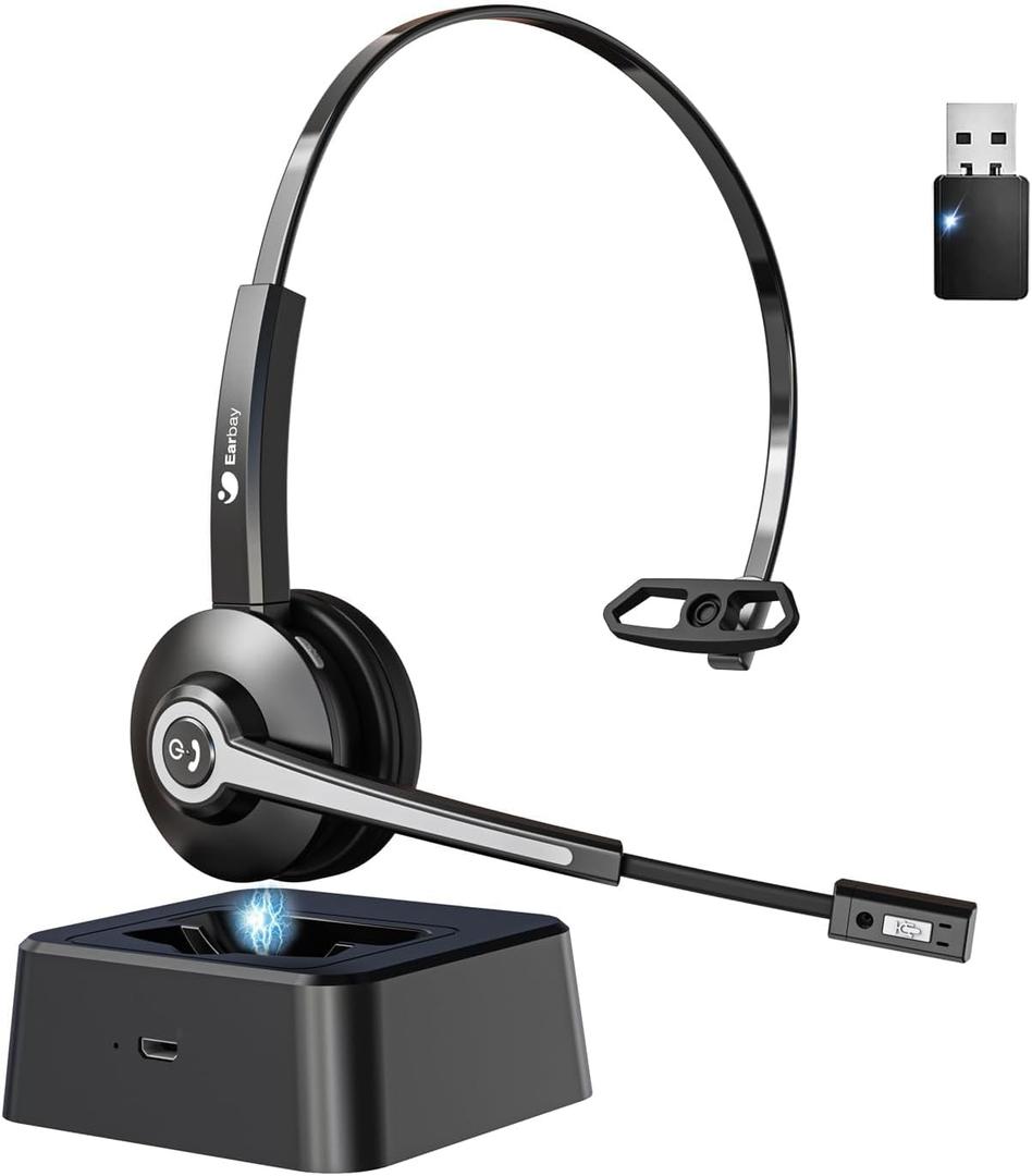Earbay Trucker Bluetooth Headset, Wireless Headphones with Microphone Mute & USB Dongle, Wireless Headset with Mic for Work Noise Canceling & Charing Base for Work/PC Computer/Phones/Office/Meeting (Black)