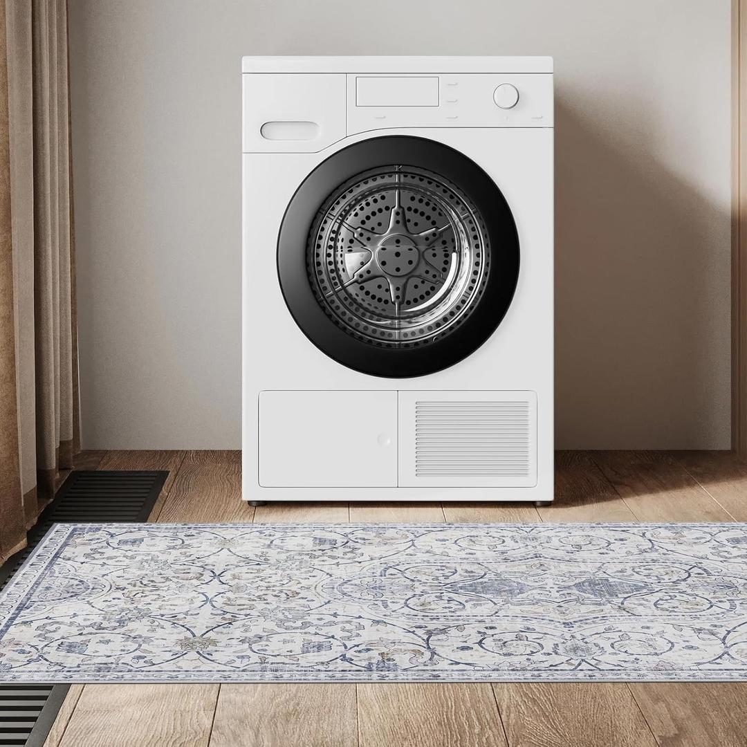 2'4' Blue Floral Vinyl Runner Rug, Non-Slip Floor Mat for Hallway, Kitchen, Entryway, Waterproof&Stain-Resistant Vinyl Floor Mat, Easy Clean Plastic Floor Protector for High Traffic Areas, Runners