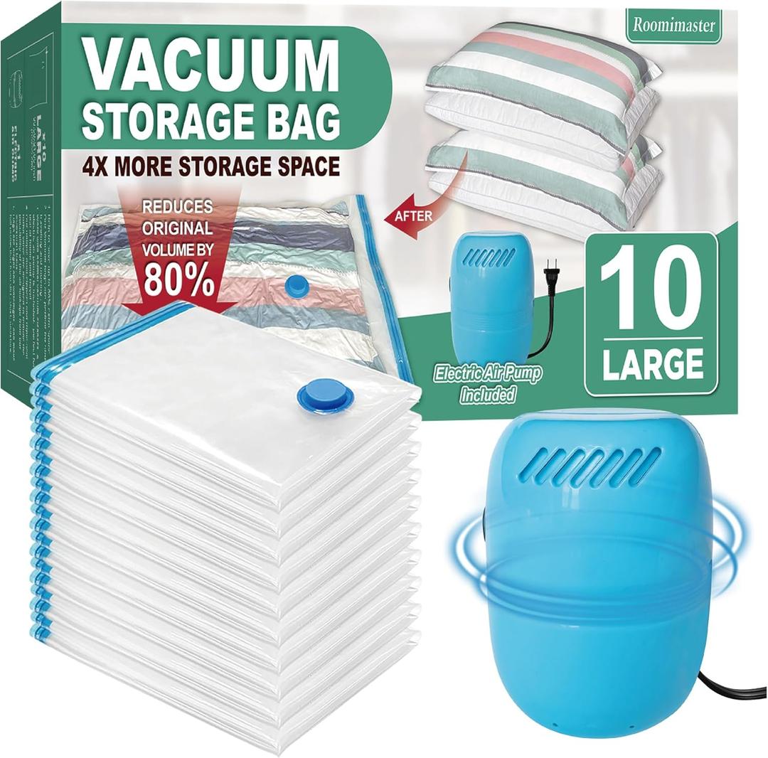 Vacuum Storage Bags with Electric Pump, Space Saver Vacuum Seal Bags with Pump, Sealer Compression for Clothes, Comforters, Blankets, Bedding, 10 Large
