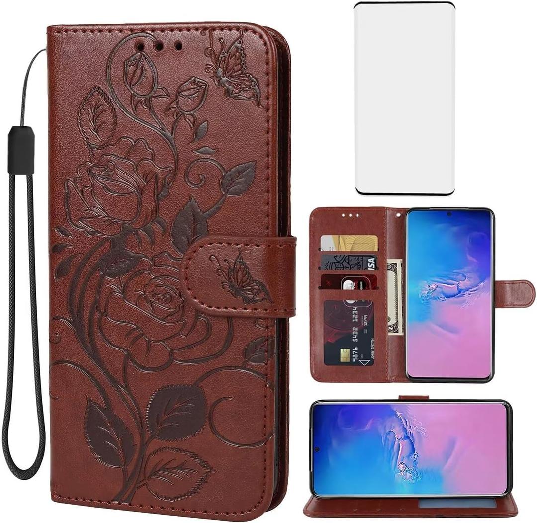 Case for Galaxy S20 Ultra 5G/Samsung S20 Ultra SM-G988U Wallet Case with Tempered Glass Screen Protector, Flower Leather Flip Credit Card Holder Stand Cover for Samsung Galaxy S20 Ultra Brown