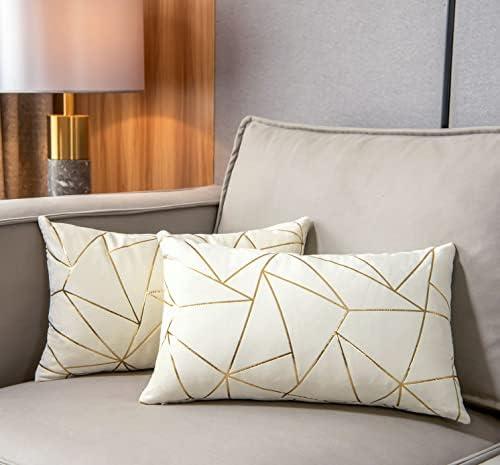 YONGLIU Pack of 2 Velvet Lumbar Throw Pillow Covers Velvet Decorative Soft Gold Foil Geometric Pattern Cute Cushion Case for Modern Homes Sofa Couch Bedroom Living Room Car (White and Gold, 12“X20”)