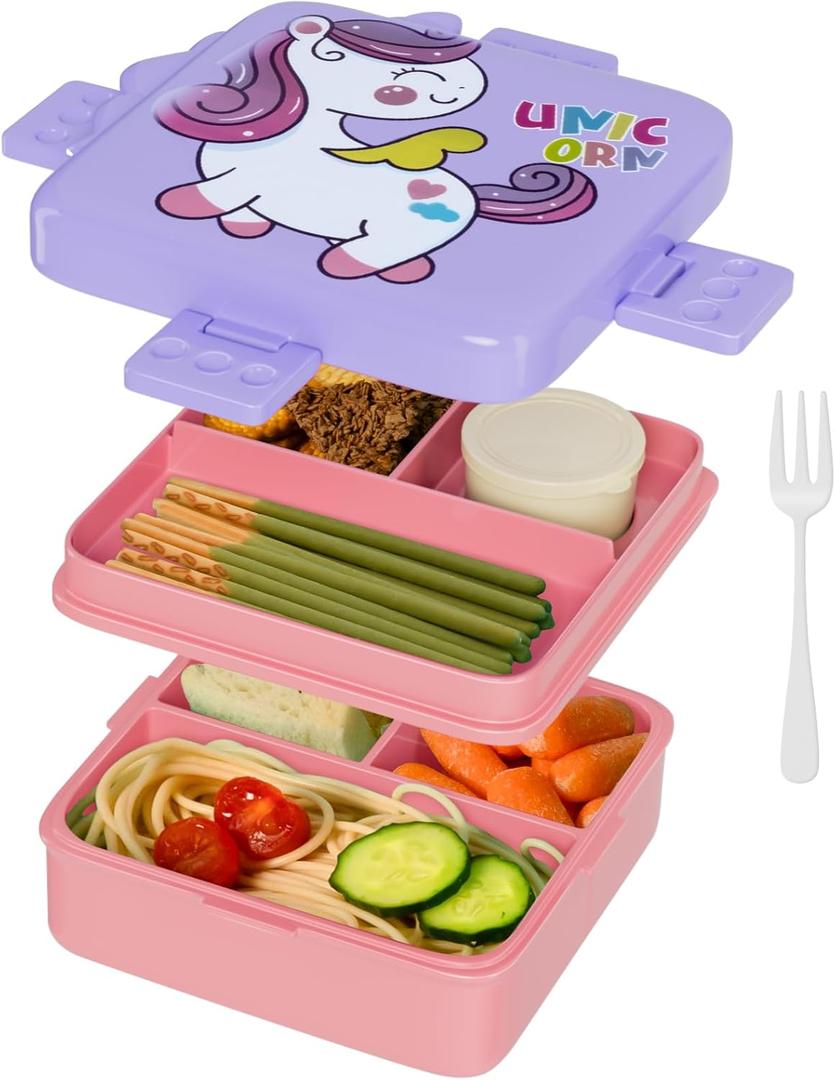 Freshmage Bento Box, Double-Layer Lunch Box Container with 3 Compartments, Large Capacity, Leakproof and BPA Free Bento Lunch Box, Durable, Drop-Proof, Dishwasher and Microwave Safe, Pink