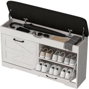39" Shoe Storage Bench with Seat Cushion, Wood, Ash White
8-Pair Shoe Capacity, 2 Doors, Comfortable Seating, Space-saving, Narrow Entryway Bench Ideal for Foyer, 330 lb Capacity