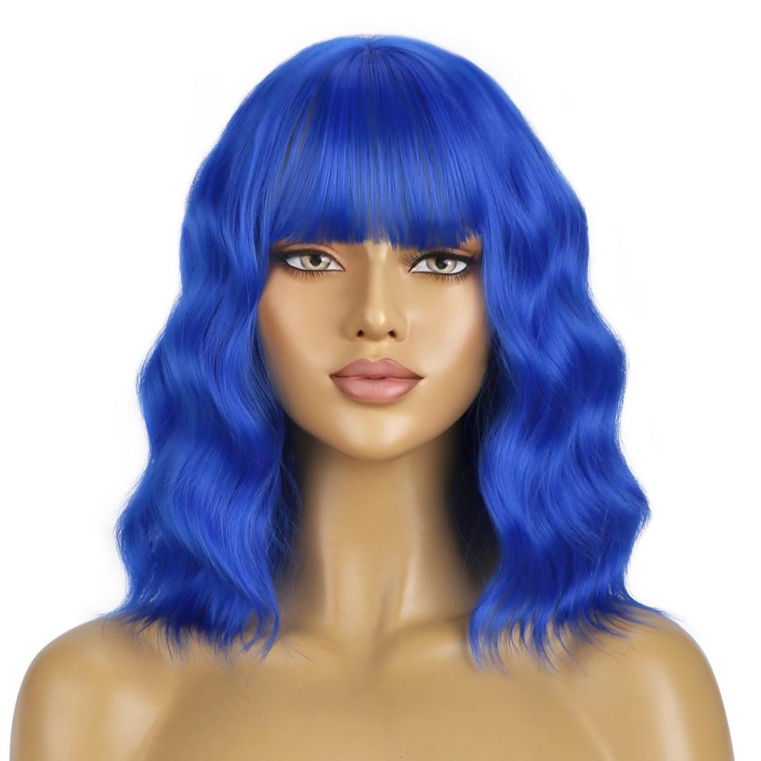 BERON 14 Inches Dark Blue Wig Short Curly Wig Women Synthetic Wigs Blue Wigs with Bangs Hairnet Included