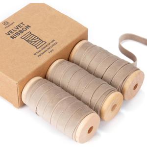 3 x Vitalizart Camel Velvet Ribbon Set 3/8"" x 15 Yd Wooden Spool Fabric Trim 3 Rolls * 5 Yd for Christmas Wreath Decoration Handmade Craft Ornaments Gift Wrapping & Bow Making