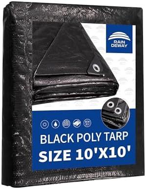 RAINDEWAY Black Tarps 10x10 Feet,UV Resistant, Multipurpose Medium Duty Waterproof Poly Tarp, Square Tent Tarp,Cover with Metal Grommets and Reinforced Edges, Finished Size
