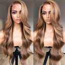 BrownBomb Honey Blonde Lace Front Body Wave Synthetic Pre Plucked Glueless Wig for Women, 4/27 Highlight Ombre Honey Blonde 13x5x1 Side Part 24inch Bombshell Wig