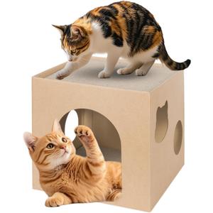Cardboard Cat House with 2-Stories Scratch Pad | 2-Level Cat Play House, Hideaway Cave & Scratching Toy | Durable Corrugated Condos Bed for Indoor Cats/Kittens/Bunny/Small Animals