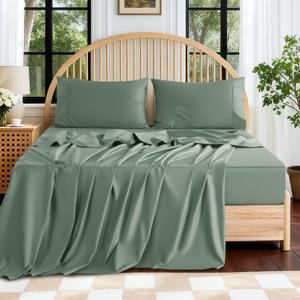 SONORO KATE 100% Egyptian Cotton Sheets Queen Size - 600 Thread Count, Luxury Hotel Sateen Weave Bedding Set, Soft Breathable Sheet Sets, 16" Deep Pocket - 4 PC(Sea Glass,Queen)