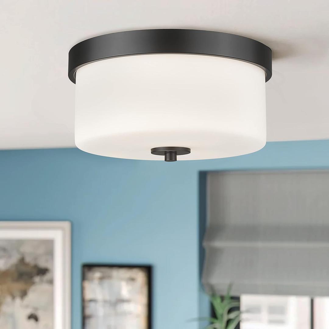 EMAK Black Modern Flush Mount Ceiling Light Fixture with Milk Glass, FM082-BK-ML
