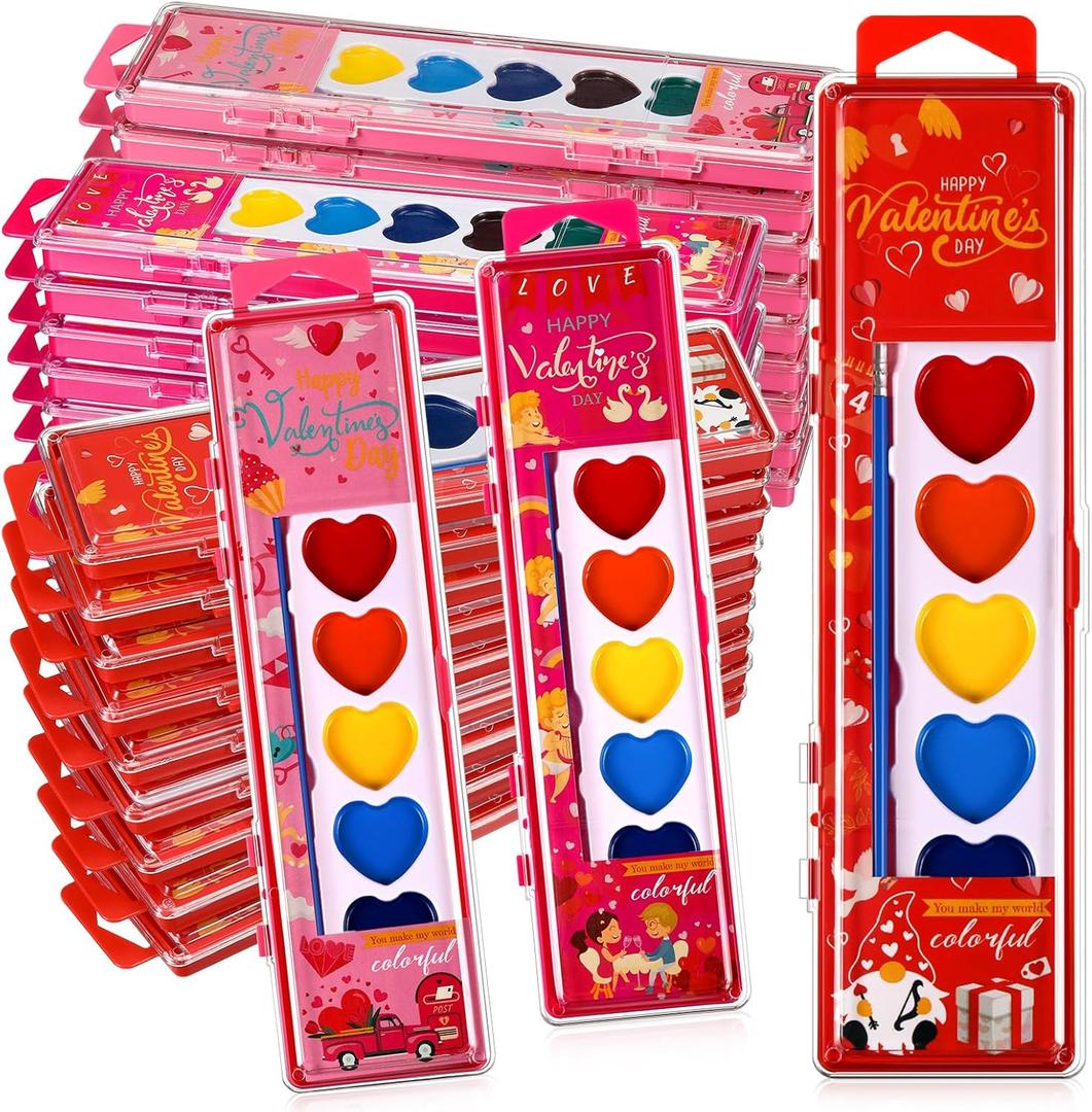 12 Packs Valentines Heart Watercolor Paint Set 8 Washable Colors with Brushes Water Color Painting Kit Party Favor Valentines Gifts Painting Kit for Adult