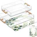2 Pack Acrylic Serving Tray with Gold Handles 11"x14" 12''x16'' Clear Tray Customizable Bottom Replaceable Photos for Coffee Table Bar Bathroom(Green Leaves)