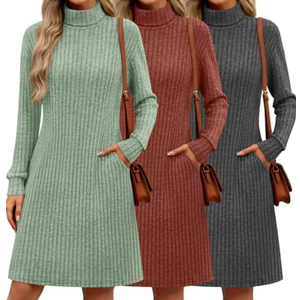 Velvelhall 3 Pack Women's Long Sleeve Sweater Dresses Ribbed Knit Lettuce Trim Mock Turtleneck Short Casual Slim Fit Dresses(Caramel, Green, Gray,Medium)