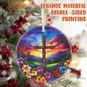 Cross Christmas Ornament, 3.5 Inch Ceramic Nativity Ornament, Christmas Tree Ornaments, Christian Gifts, Religious Gifts, Gifts for Christmas, Perfect for Holiday Party, Tree, Window (Cross Spring Flower)