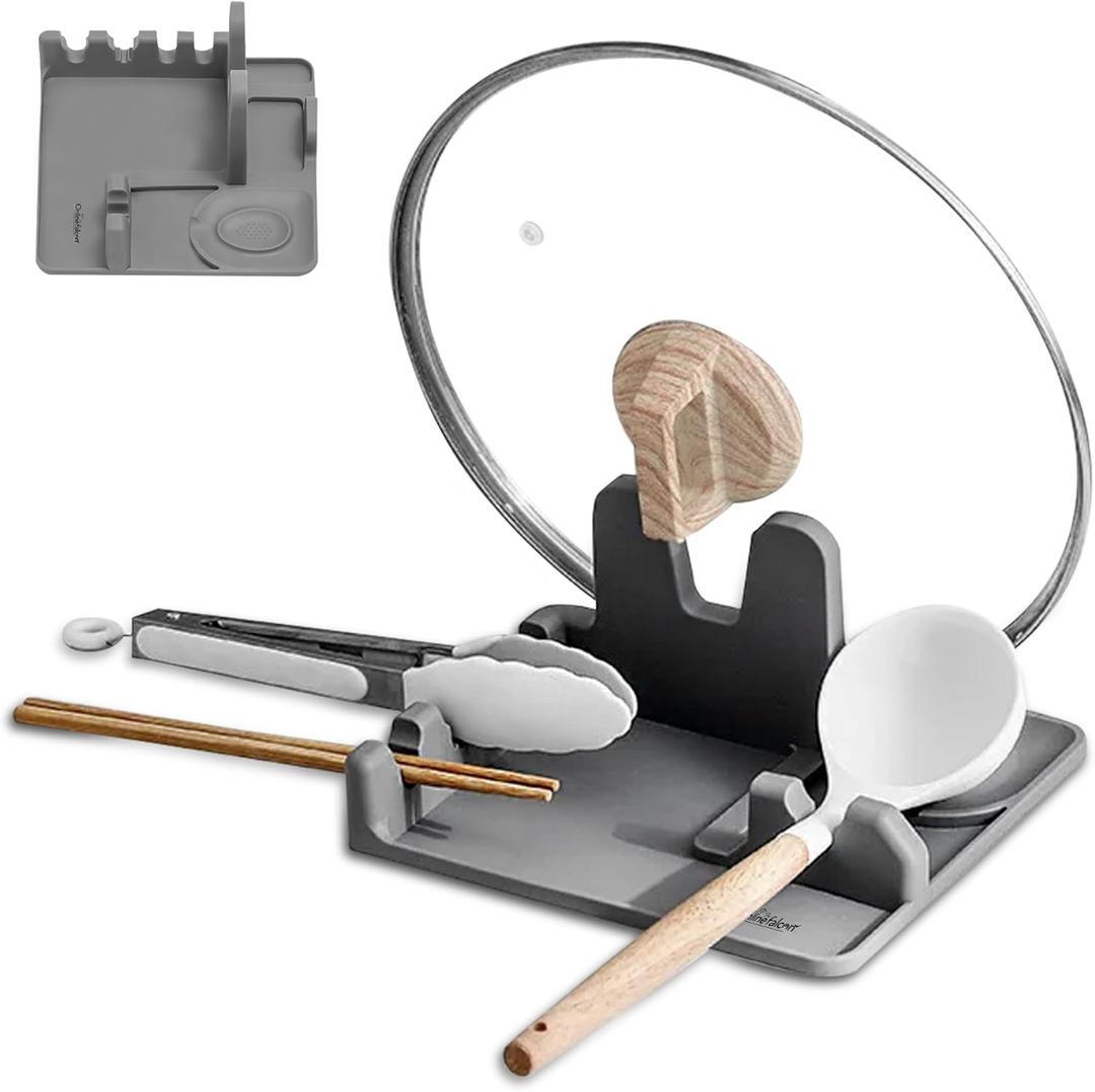 The Online Falcon Silicone Utensil Rest 3-In-1, Stovetop Organizer with Drip Pad, Heat Resistant, Spoon Rest with Ladle Holder for Stove, BPA Free, Grey