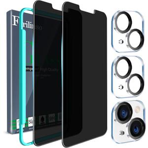 Ferilinso for iPhone 13/14 Privacy Screen Protector 2 Pack 9H Anti Spy Tempered Glass Privacy Screen with 2 Pack Camera Lens Protector Case Friendly Accessories