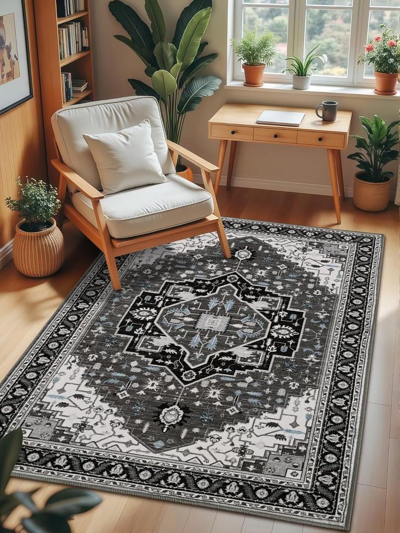 3x5 Black Grey Area Rug for Living Room, Machine Washable Rugs with Non-Slip Backing for Bedroom, Vintage Medallion Carpet Kitchen Laundry Kids Room Decor