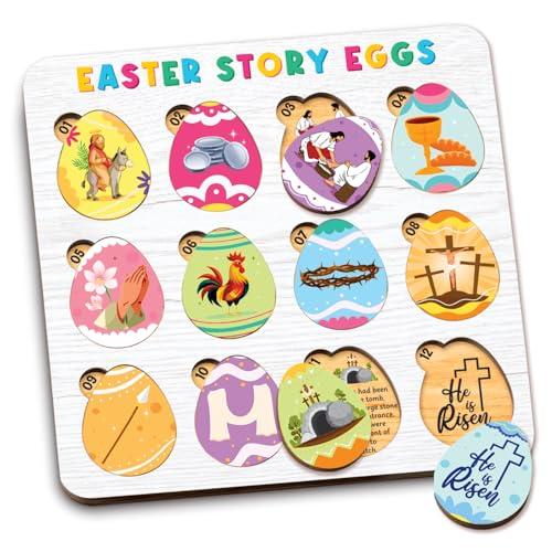 Easter Story Eggs - Resurrection Eggs Easter Story - 12 Wooden Egg Puzzle with Matching Religious Story - Resurrection Gifts for Kids - Christian Toddler Gifts - Christian Basket Stuffer for Kids