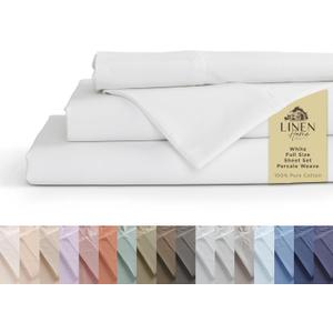 Linen Home 100% Cotton Percale Sheets Full Size, White, Deep Pocket, 4 Pieces Set - 1 Flat, 1 Deep Pocket Fitted Sheet and 2 Pillowcases, Crisp Cool and Strong Bed Linen