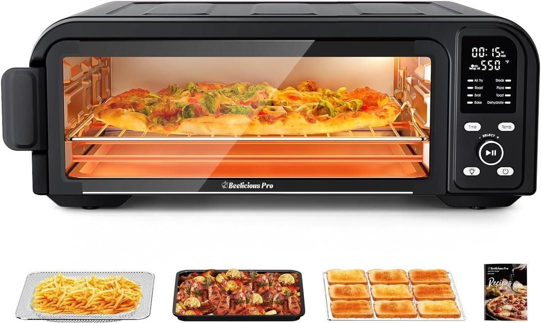 Beelicous Pro 19QT Digital 8-in-1 Air Fryer Toaster Oven, 550F Flavor-Lock Tech, Flip Up & Away Capability, 40+ Recipes, Airfryer Countertop Oven Combo, 4 Accessories, Fit 13" Pizza,Black