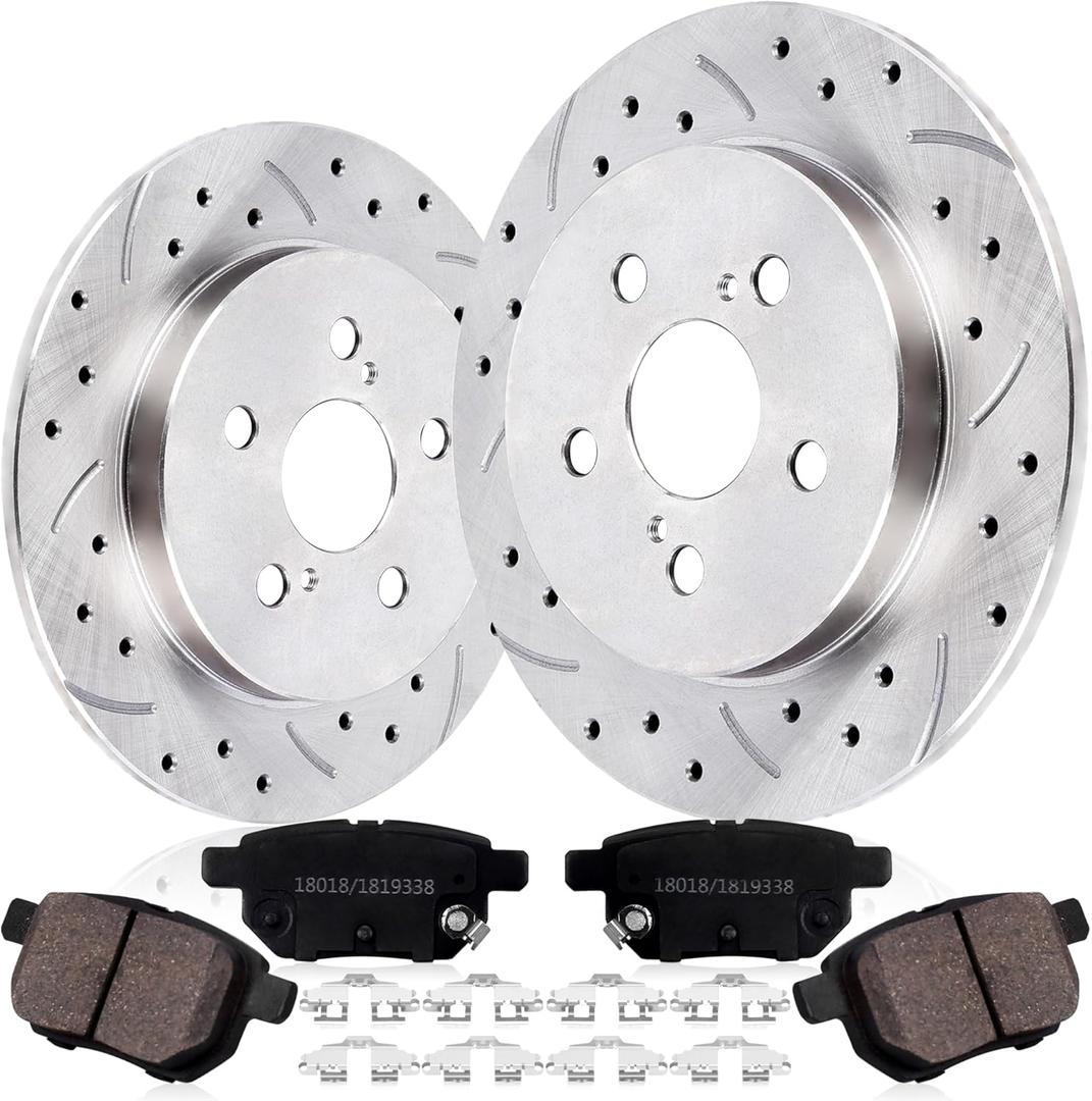 Rear Drilled and Slotted Brake Pads and Rotors Kit Ceramic Automotive Replacement Brake Kits 10.20 Inch Compatible for Toyota Corolla Prius Matrix Pontiac Lexus 1.8L 2.4L 2009-2019 (14 Pcs)