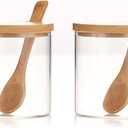 300ML/10Oz Clear Glass Jar with Bamboo Lid and Wooden Spoon, Cute Sugar Bowl Bath Salt Storage Canister Seasoning Container Condiment Pot with Scoop for Spice, Pepper for Kitchen, Table, Countertop