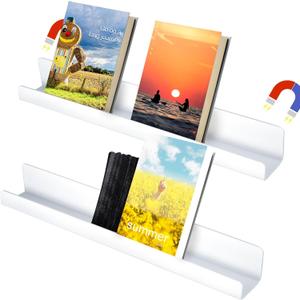 2pcs Magnetic Book Shelf, Whiteboard Magnetic Bookshelf Magnetic Floating Book Stand Magnetic Book Display Holder Magnetic Rack for Whiteboard Classroom Home (White)