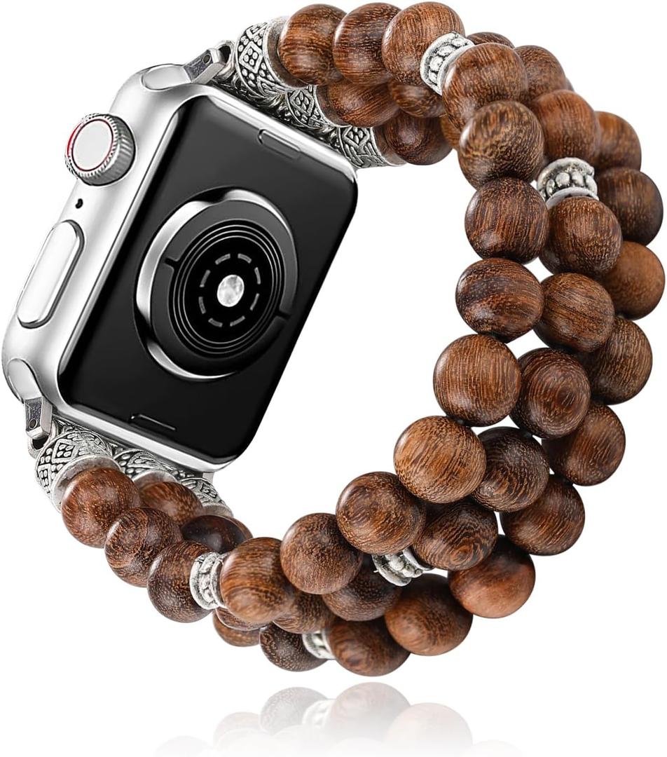 Beaded Bracelet Compatible with Apple Watch Band 38mm 40mm 41mm 42mm 44mm 45mm 46mm 49mm Women Series 11 10 9 8 7 6 5 4 SE 3 Ultra 2 3, Handmade Stretch Boho Strap for iWatch Band Series 3 2 1 (Brown)